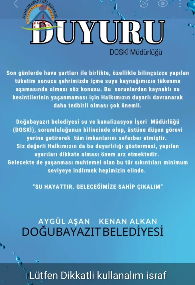 Doğubayazıt Belediyesi içme suyu kullanımında  tasarrufa dikkat çekti