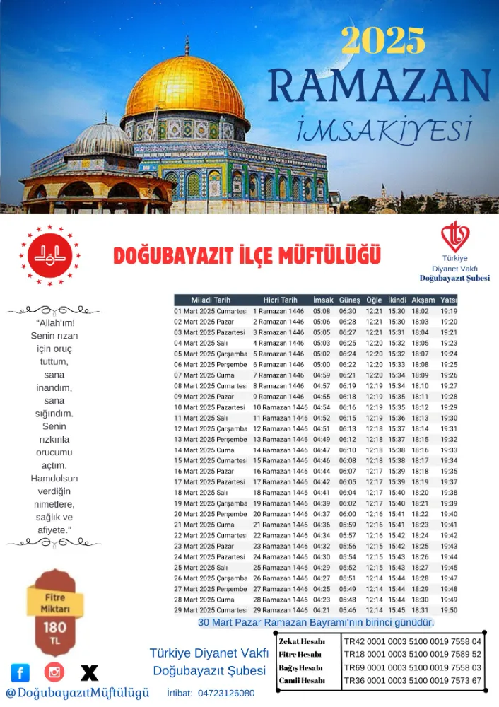 Doğubayazıt 2025 Ramazan İmsakiyesi 