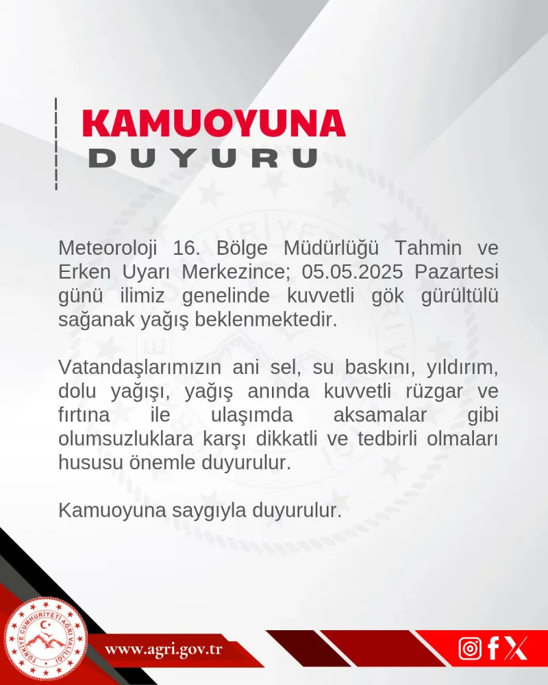 İl Genelinde Sağanak Yağış uyarısı yapıldı