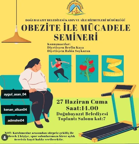 Doğubayazıt Belediyesi Kadın ve Aile Hizmetleri Müdürlüğünce 27 Haziran 2025 Cuma “Obezite ile Mücadele” konulu seminer