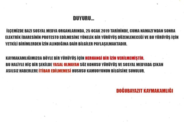 DOĞUBAYAZIT KAYMAKAMLI`ĞINDAN DUYURU